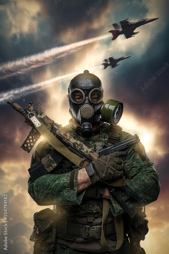 Artwork of russian armed forces soldier dressed in uniform and gas mask in sky. Artwork of russian armed forces soldier dressed in uniform and gas mask in sky.