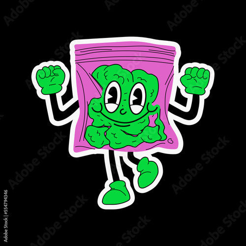 Plastic bag. Cartoon mascot character. Medical cannabis, weed, marijuana character concept
