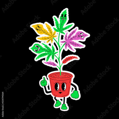 Hemp Leaf. Cute funny Weed marijuana leaf. Cartoon mascot character. Medical cannabis, weed, marijuana character concept