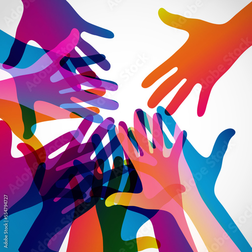 Hands up on a light background. Colorful silhouettes arms.  Vector team, help, friendship symbol illustration.