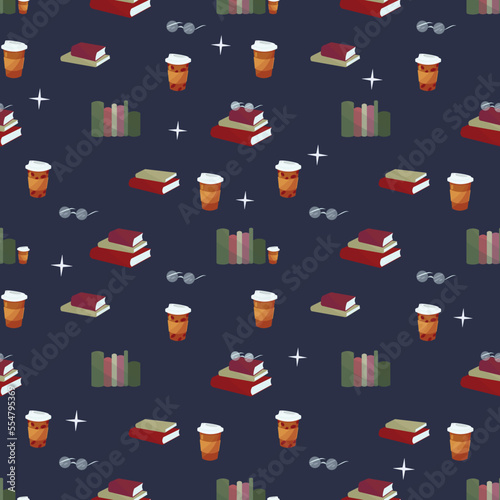 Books, cup of coffee and glasses seamless pattern