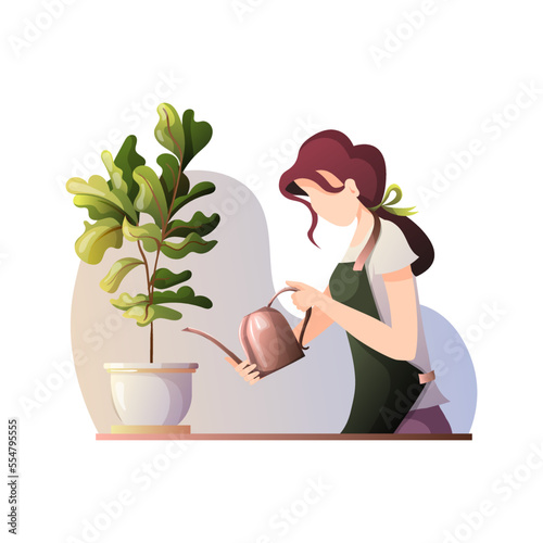 Woman with watering can taking care of houseplants. Home garden, greenhouse, gardening, plant lover concept. Isolated vector illustration.