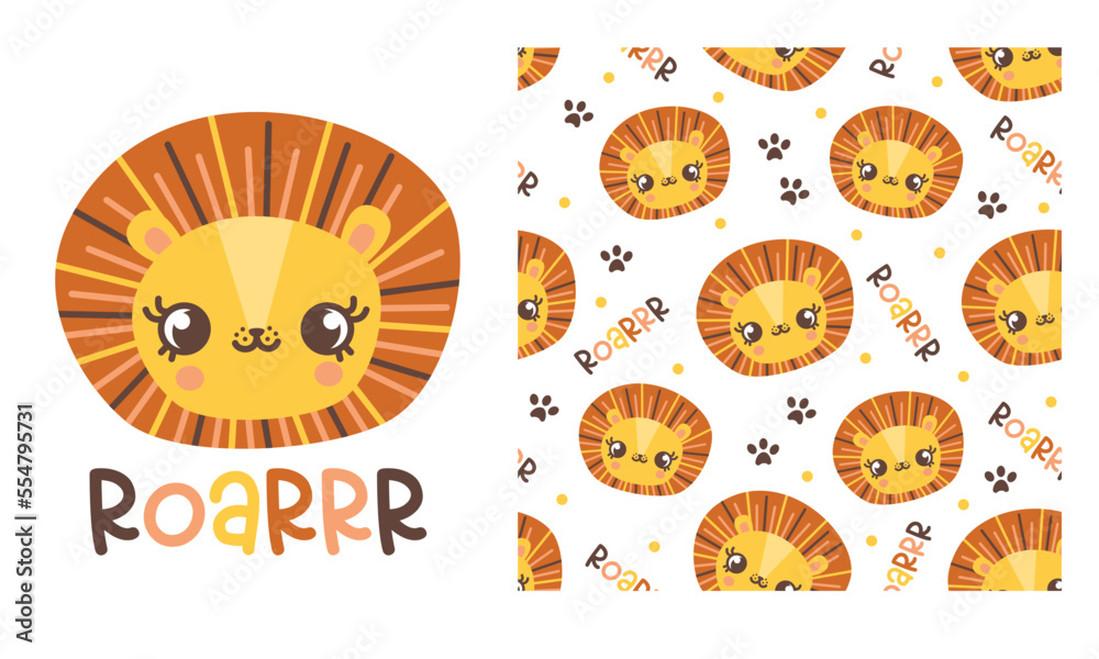 Vector seamless pattern and print for printing on clothing. Cute lion cub, Roar Lettering. Faces of a cute little lion cub, roar lettering, cat footprints. Cute animal faces on white background 