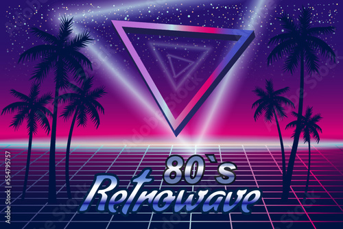 Retrowave 80's retro banner vaporwave aesthetic background. Palms silhouette triangle grid 3d, sunset Synthwave