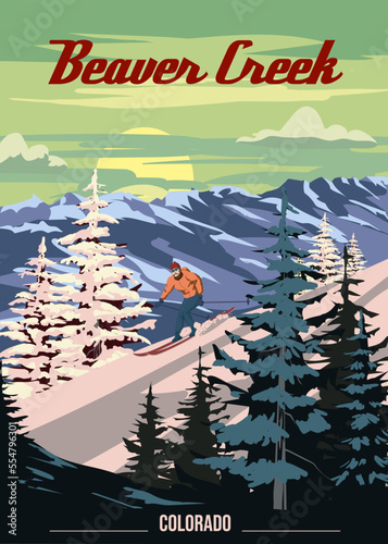 Beaver Creek Ski Travel resort poster vintage. Colorado USA winter landscape travel card