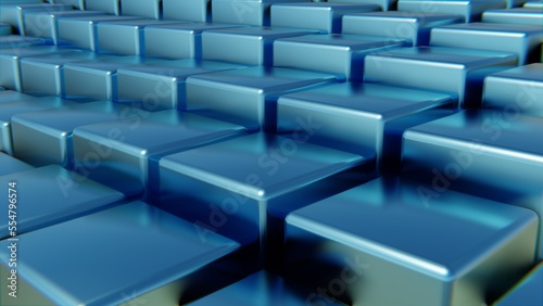 Digital cubic abstract background of blue color, metal squares, reflection, digital space. 3d render