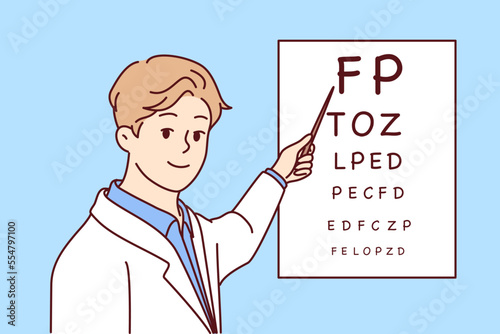 Man doctor holds out pointer to poster with letters for checking eyesight of patients. Positive ophthalmologist in white coat works in clinic helping to treat eye diseases. Flat vector illustration