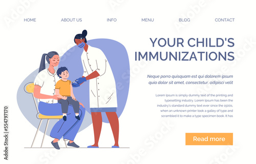 Vaccination of children for herd immunity and protection against coronavirus. Nurse administers vaccine to baby. Vector characters flat cartoon illustration. Web template, landing page, website.