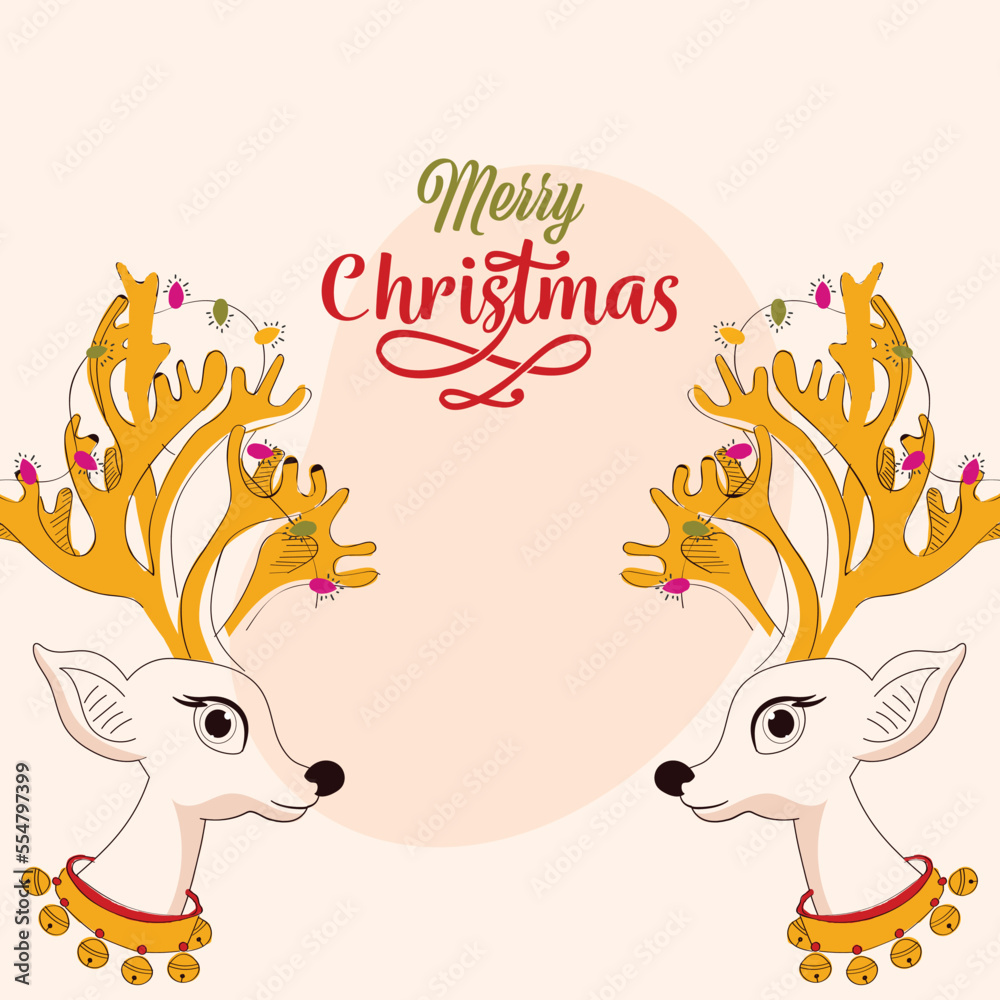 Merry Christmas Greeting Card With Vector Two Reindeer Face On Pastel Pink Background.