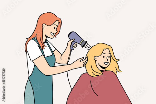 Smiling female client get hairstyle in saloon. Happy stylist dry hair of woman customer with blow dryer in salon. Beauty and care concept. Vector illustration. 