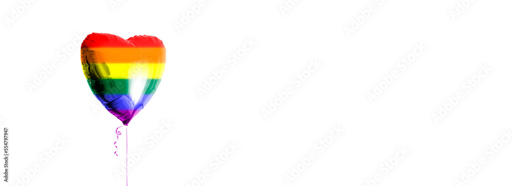 A heart shaped balloon filled with helium in the lgbt community colors. Rainbow colours. Banner with white background copy space. Festive certificate. LGBTQ day. Business card. Diversity love concept