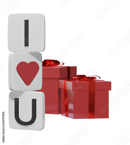 Valentine's gift. Birthday gift with love i love you alphabet crossword piece. Happy celebration present icon. 3D rendering
