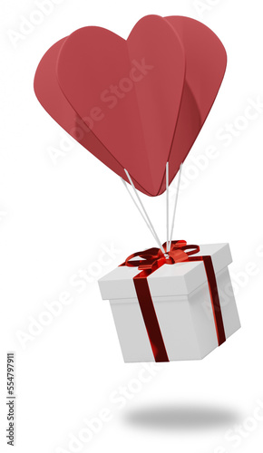 Valentine's Christmas gift. Birthday gift with love and heart paper cut balloon, Happy celebration present icon. 3D rendering