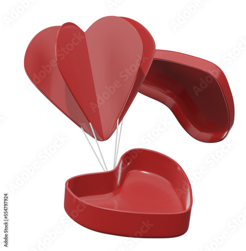 love valentine's gift plastic box with open lid on red heart balloon for placing product item in 3d rendering icon