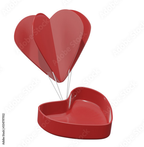 love valentine's gift plastic box with open lid on red heart balloon for placing product item in 3d rendering icon