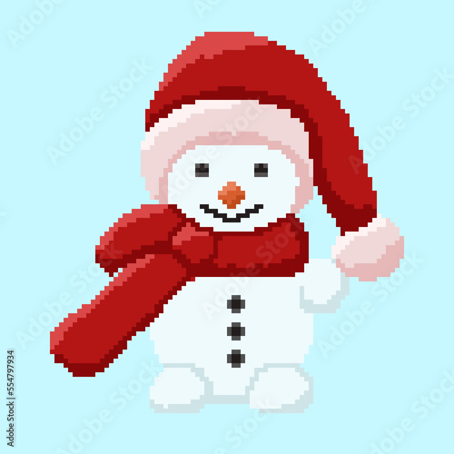 Snowman in pixel art style on the blue background