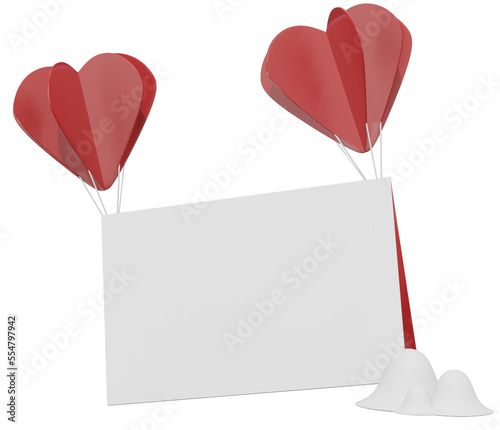 empty paper page with red balloon of heart love floating, 3d rendering illustration valentine icon