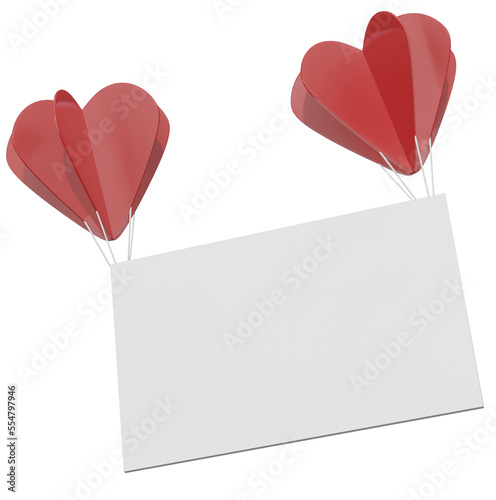 empty paper page with red balloon of heart love floating, 3d rendering illustration valentine icon