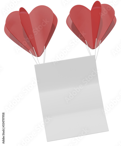 empty paper page with red balloon of heart love floating, 3d rendering illustration valentine icon