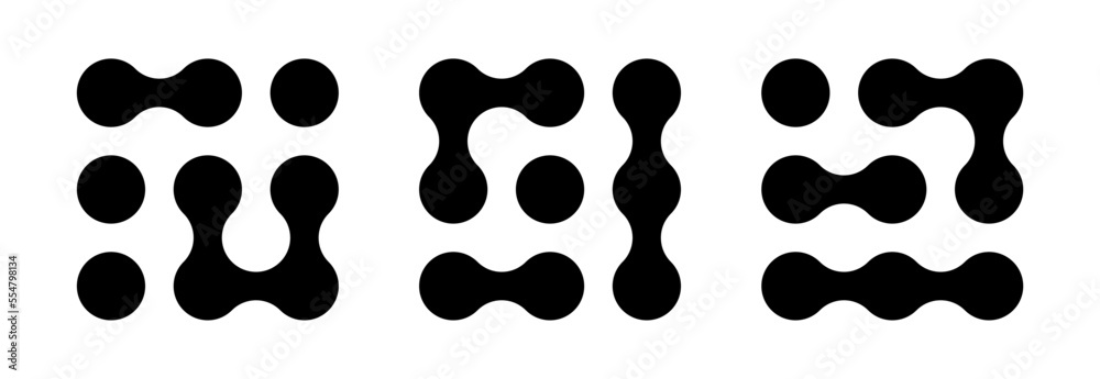 Connected dots icon. Circles pattern sign. Integration symbol. Abstract point movement. Connected round blobs. Transition metaballs. Vector illustration isolated on white background.