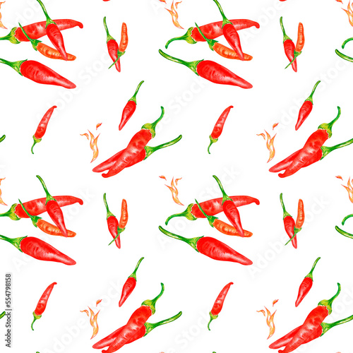 Tabasco hot pepper and flame watercolor seamless pattern isolated on white. Spicy red pepper hand drawn. Design element for wrapping, menu, market, ingredient of dishes, textile, kitchen, paper