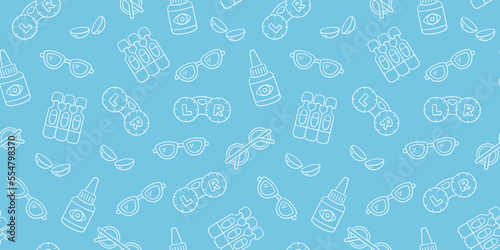 Ophthalmology, optometry hand drawn seamless pattern. Contact lenses, eye drops and glasses in doodle style. Optometry doodle pattern. Vector illustration on blue background.