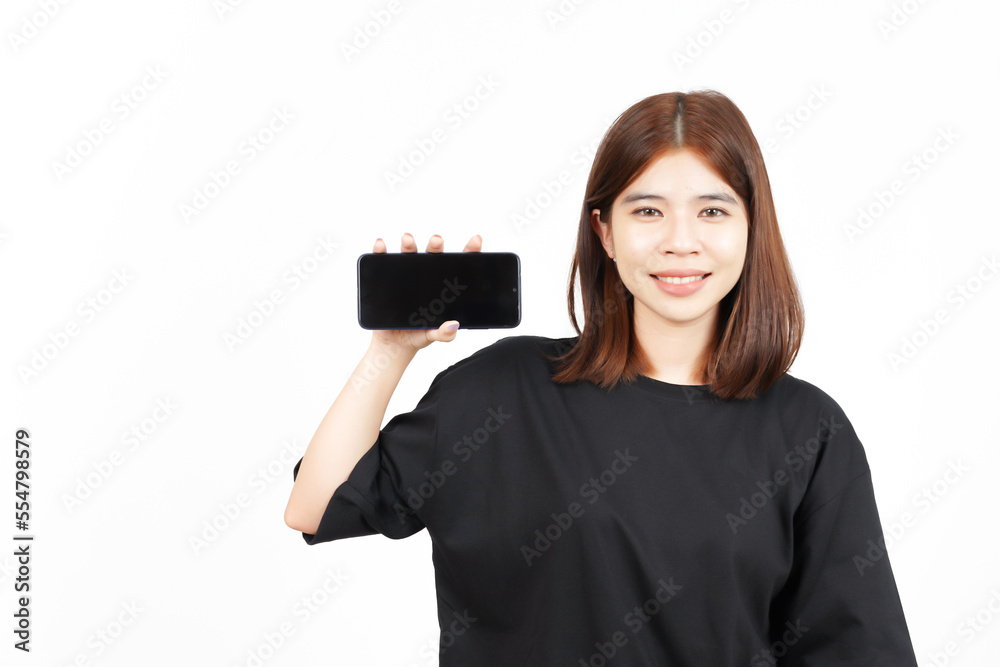 Showing Apps or Ads On Blank Screen Smartphone Of Beautiful Asian Woman Isolated On White Background Showing Apps or Ads On Blank Screen Smartphone Of Beautiful Asian Woman Isolated On White Background