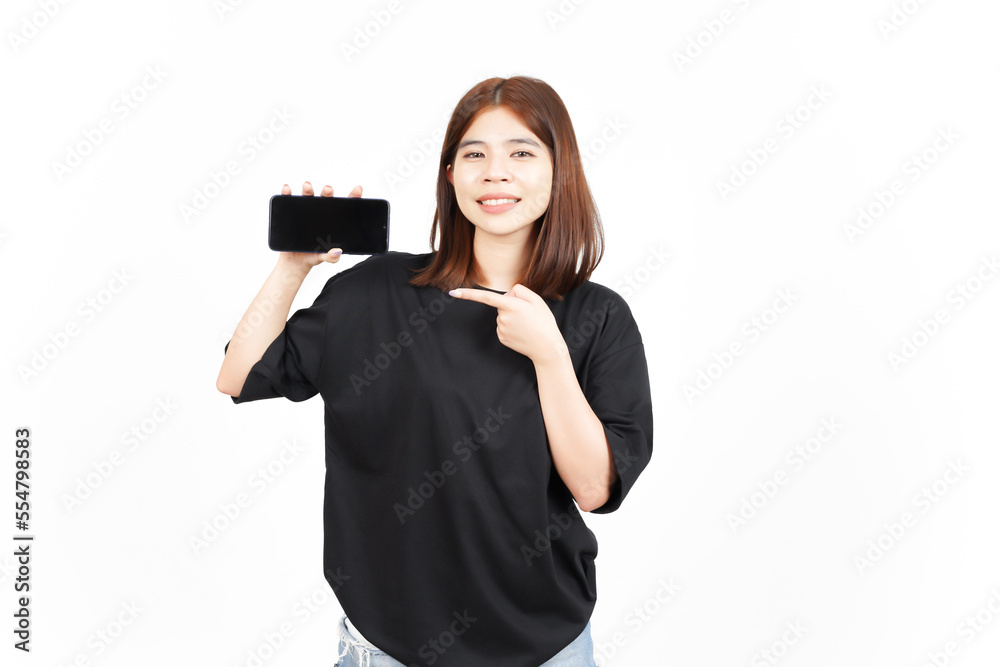 Showing Apps or Ads On Blank Screen Smartphone Of Beautiful Asian Woman Isolated On White Background Showing Apps or Ads On Blank Screen Smartphone Of Beautiful Asian Woman Isolated On White Background