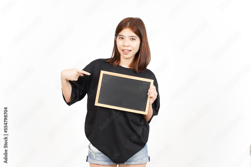 Showing, Presenting and holding Blank Blackboard Of Beautiful Asian Woman Isolated On White Showing, Presenting and holding Blank Blackboard Of Beautiful Asian Woman Isolated On White