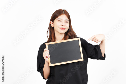 Showing, Presenting and holding Blank Blackboard Of Beautiful Asian Woman Isolated On White