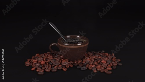 Processing of coffee seed crack and disintegrate drop to coffee water in glass with 3d rendering.Set coffee cup and seed on black background studio lighting.