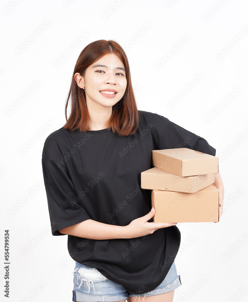 Holding Package Box or Cardboard Box Of Beautiful Asian Woman Isolated On White Background Holding Package Box or Cardboard Box Of Beautiful Asian Woman Isolated On White Background
