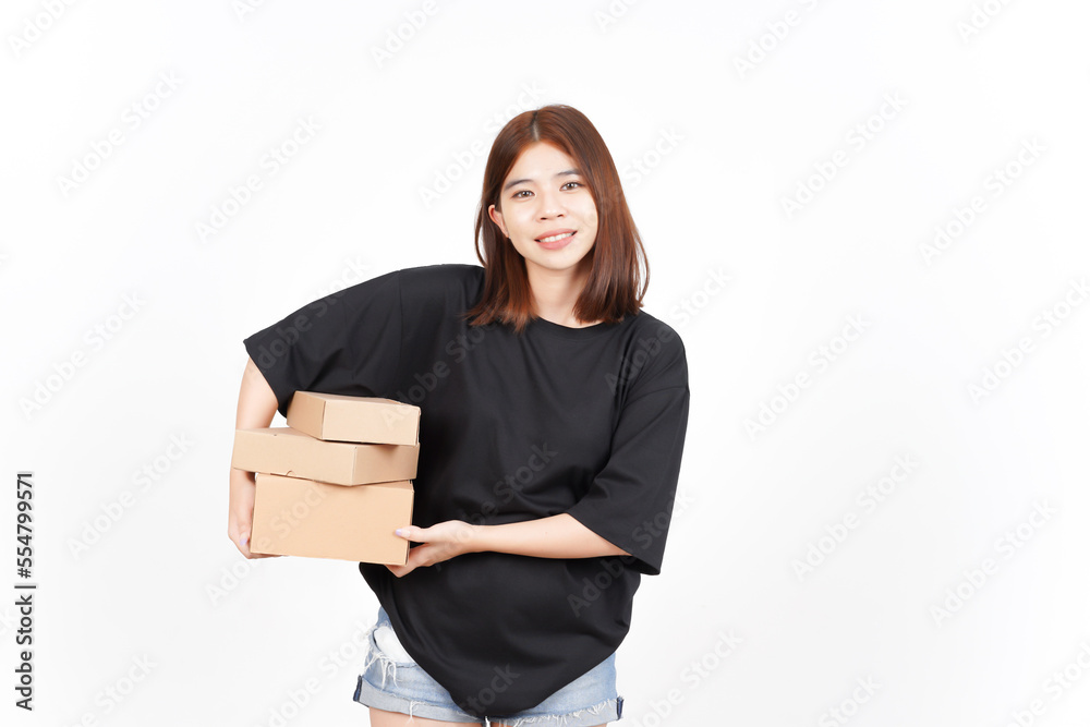 Holding Package Box or Cardboard Box Of Beautiful Asian Woman Isolated On White Background Holding Package Box or Cardboard Box Of Beautiful Asian Woman Isolated On White Background