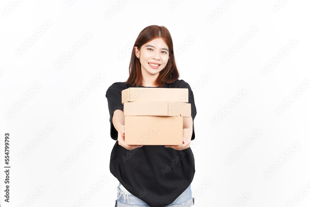 Holding Package Box or Cardboard Box Of Beautiful Asian Woman Isolated On White Background Holding Package Box or Cardboard Box Of Beautiful Asian Woman Isolated On White Background