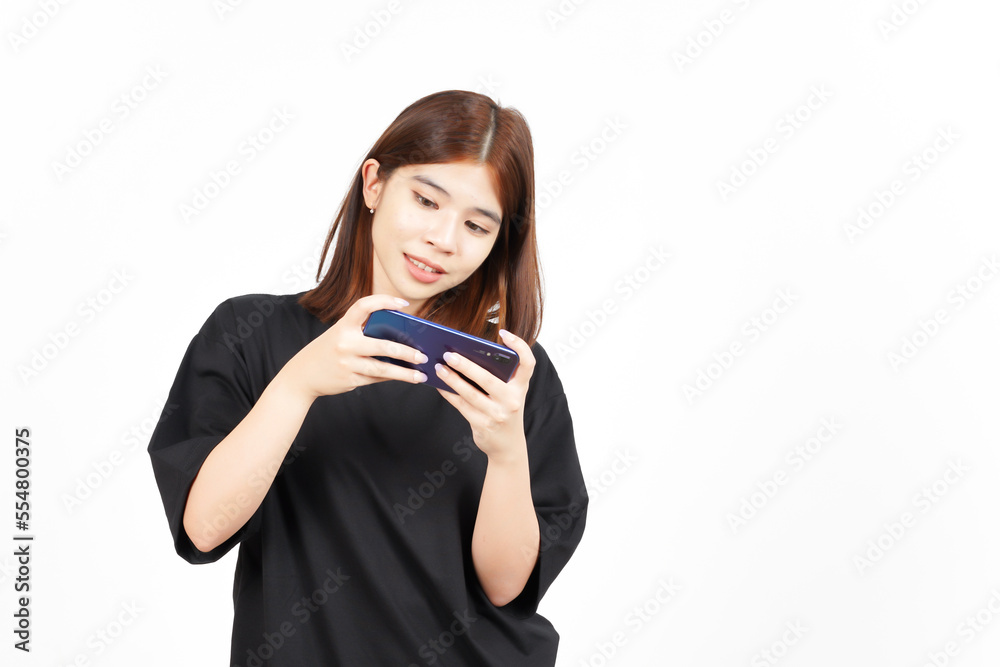 Playing Mobile Game on Smartphone Of Beautiful Asian Woman Isolated On White Background Playing Mobile Game on Smartphone Of Beautiful Asian Woman Isolated On White Background