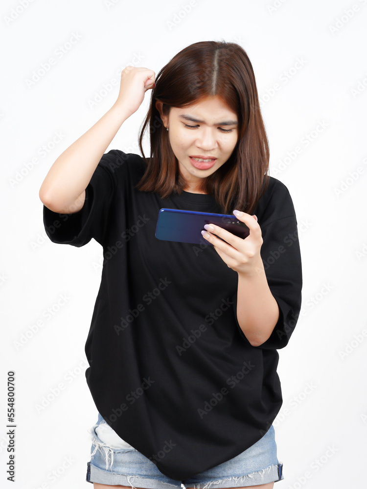 Playing Mobile Game on Smartphone Of Beautiful Asian Woman Isolated On White Background Playing Mobile Game on Smartphone Of Beautiful Asian Woman Isolated On White Background