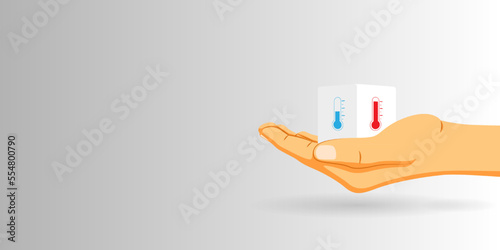Thermometer icon with holding hands on grey background with copy space vector illustration