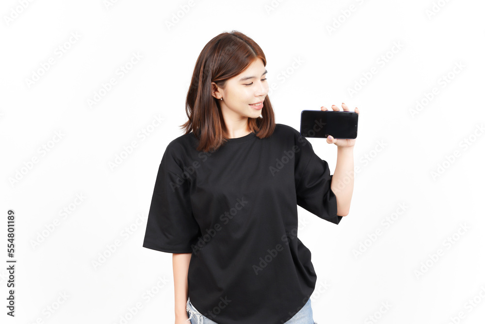 Showing Apps or Ads On Blank Screen Smartphone Of Beautiful Asian Woman Isolated On White Background Showing Apps or Ads On Blank Screen Smartphone Of Beautiful Asian Woman Isolated On White Background