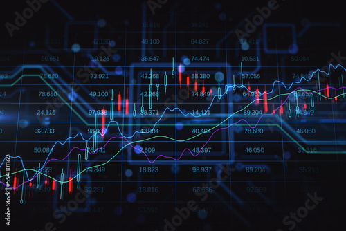 Investing and trading concept with growing up forex market candlestick and graphs on dark background with brief financial statement. 3D rendering