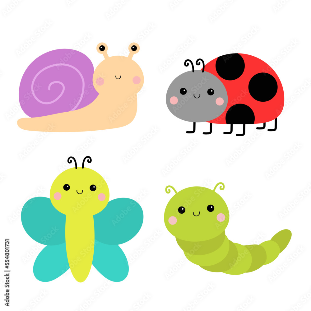 Snail, ladybug ladybird, butterfly, lady bug, caterpillar, catapillar. Insect set. Cute cartoon funny kawaii baby animal character. Flat design. White background. Isolated. Snail, ladybug ladybird, butterfly, lady bug, caterpillar, catapillar. Insect set. Cute cartoon funny kawaii baby animal character. Flat design. White background. Isolated.