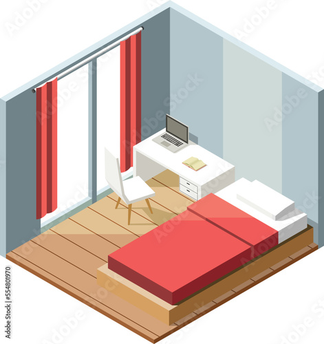 Isometric bedroom interior with bed, table & chair