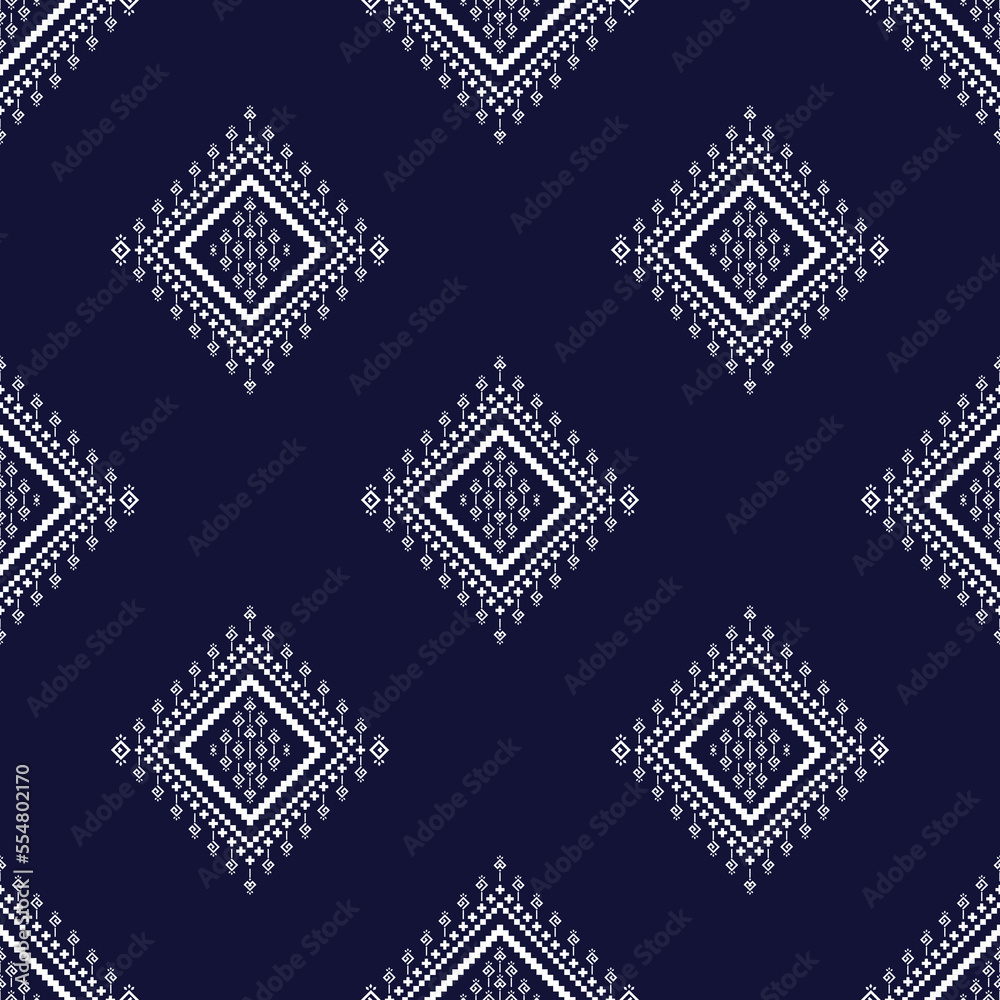 Blue cross stitch traditional ethnic pattern paisley flower Ikat background abstract Aztec African Indonesian Indian seamless pattern for fabric print cloth dress carpet curtains and sarong Blue cross stitch traditional ethnic pattern paisley flower Ikat background abstract Aztec African Indonesian Indian seamless pattern for fabric print cloth dress carpet curtains and sarong