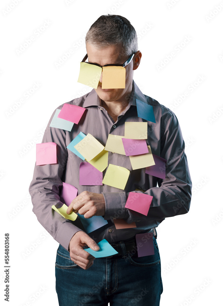 Funny businessman covered with sticky notes