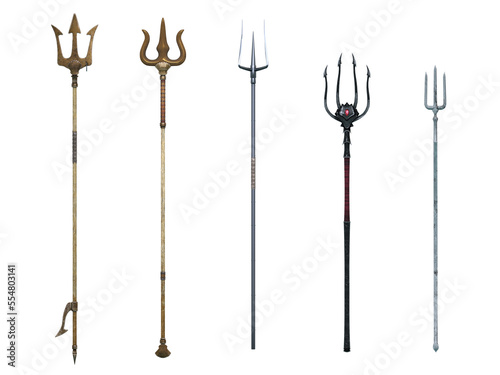 3D Render :  various type of trident weapon mockup for graphic resource, PNG transparent