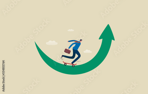 Business turning point. Reverse back. Bear Shooting Star. Businessman plows skates on the upturned arrow.