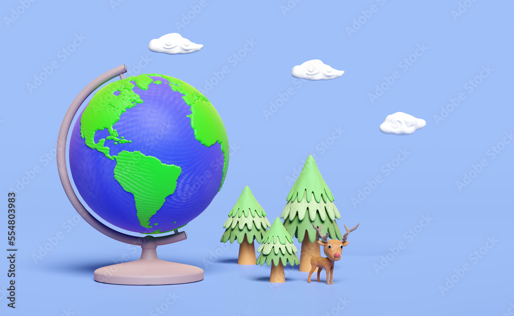 3d planet earth model, globe rotating on stand from plasticine with deer standing on pine forest, clay toy icon isolated on blue background. earth day concept, 3d render illustration, clipping path