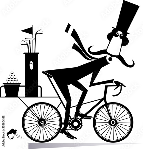 Man on the bike goes to play golf illustration.
Cycling long mustache man in the top hat with golf clubs and balls is on the way to the golf course. Black on white
