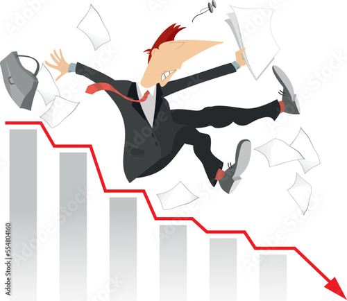 Businessman. Business going down . Concept. 
Falling businessman and arrow graph going down on a white background
