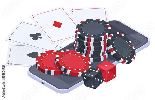 Isometric poker mobile app. Online gambling casino with cards, dice and chips, internet poker game vector illustration isolated on white background