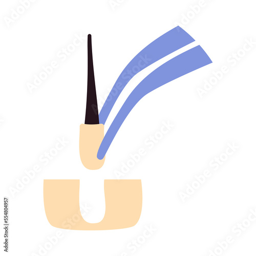 Hair transplant treatment forceps symbol. Surgical tweezers pulling out hair follicle. Alopecia medical procedure equipment tool. Hair loss diagnosis and transplantation concept. Vector illustration.